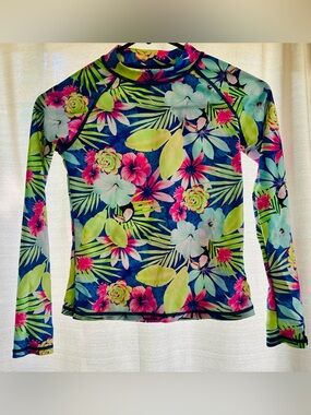 Bright Tropical Floral Long-Sleeve Sun/Swim/Rash Guard Top - size L (10-12)